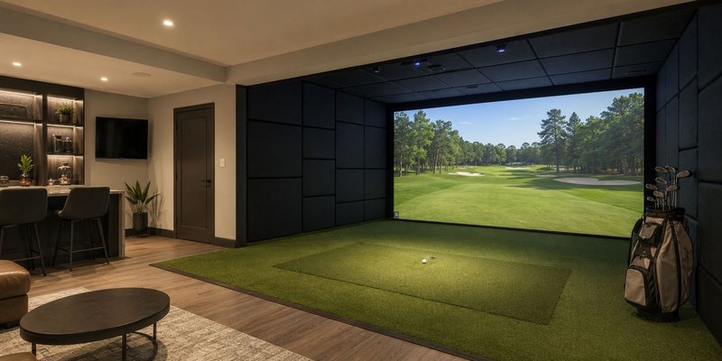 Example build style: finished basement golf simulator room with charcoal padded wall panels, impact screen showing a fairway, turf hitting area, and a wet bar behind the bay