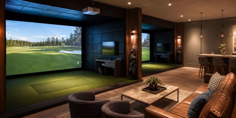 Example build style: commercial indoor golf lounge with two simulator bays, padded enclosure walls, leather seating, and a bar area