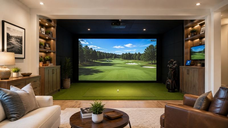 Example build style: welcoming golf simulator bay with warm lighting, impact screen showing a course, and seating beside the hitting area