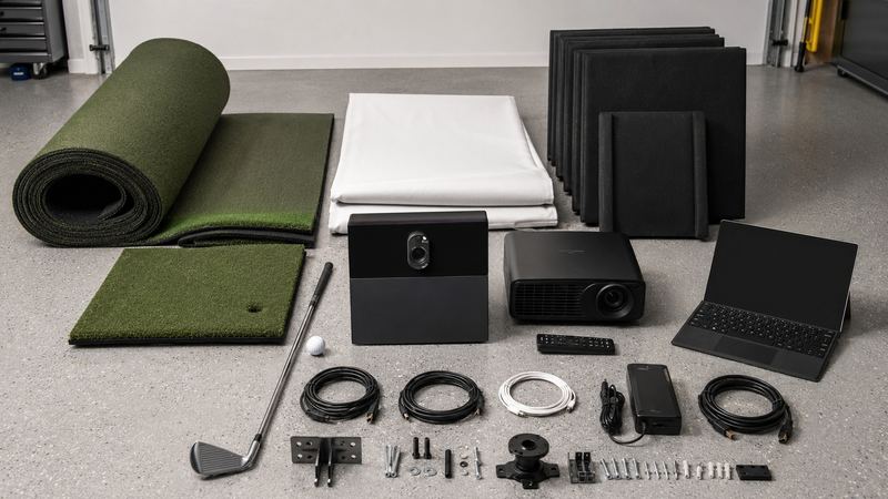 Example build style: golf simulator equipment staged for pickup, including cage framing, an impact screen, netting, turf rolls, and a launch monitor