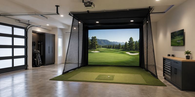 Example build style: garage golf simulator cage with black netting, impact screen, ceiling-mounted projector, and turf landing zone beside a glass-panel garage door
