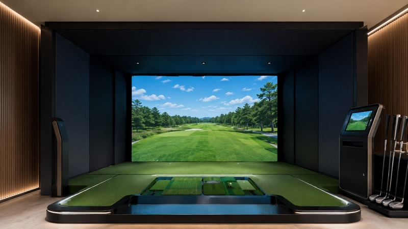 Example build style: integrated simulator platform bay with hitting platform, wraparound enclosure, and course play on the impact screen