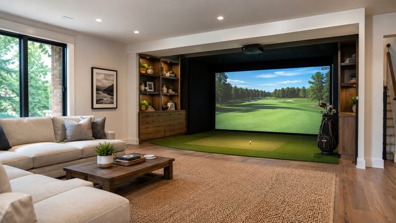 Example build style: home golf simulator bay opening onto a living space, with impact screen, turf, and seating that blends into the home's finishes