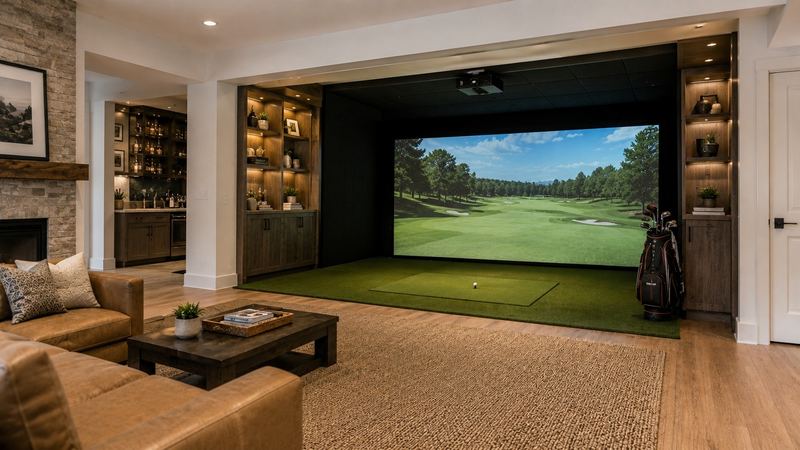 Example build style: luxury home golf simulator bay with padded walls, wood accents, lounge seating, and a tensioned impact screen