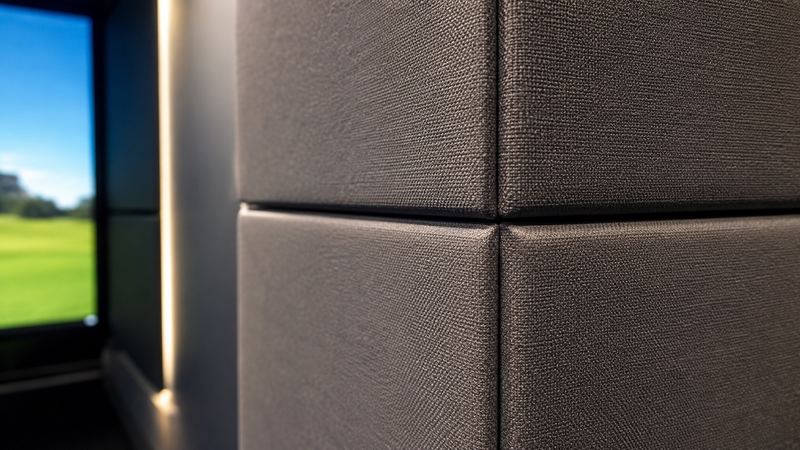 Example build style: close-up of wrapped padded wall panels in a simulator room, showing fabric texture and clean panel seams