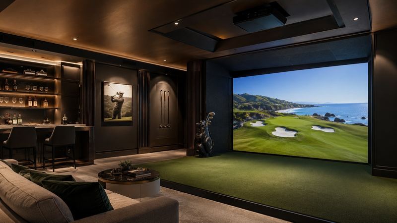 Example build style: premium flagship golf simulator room with padded walls, integrated lighting, lounge seating, and a large tensioned impact screen
