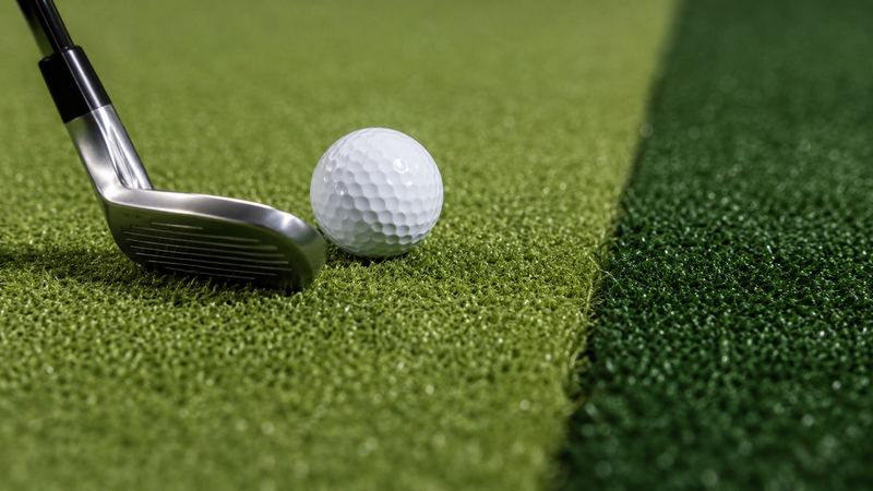 Example build style: close-up of simulator turf with an inset strike zone and a golf ball teed in the hitting area