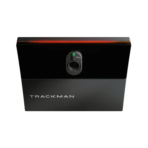 Black Trackman iO ceiling-mounted launch monitor on a white background